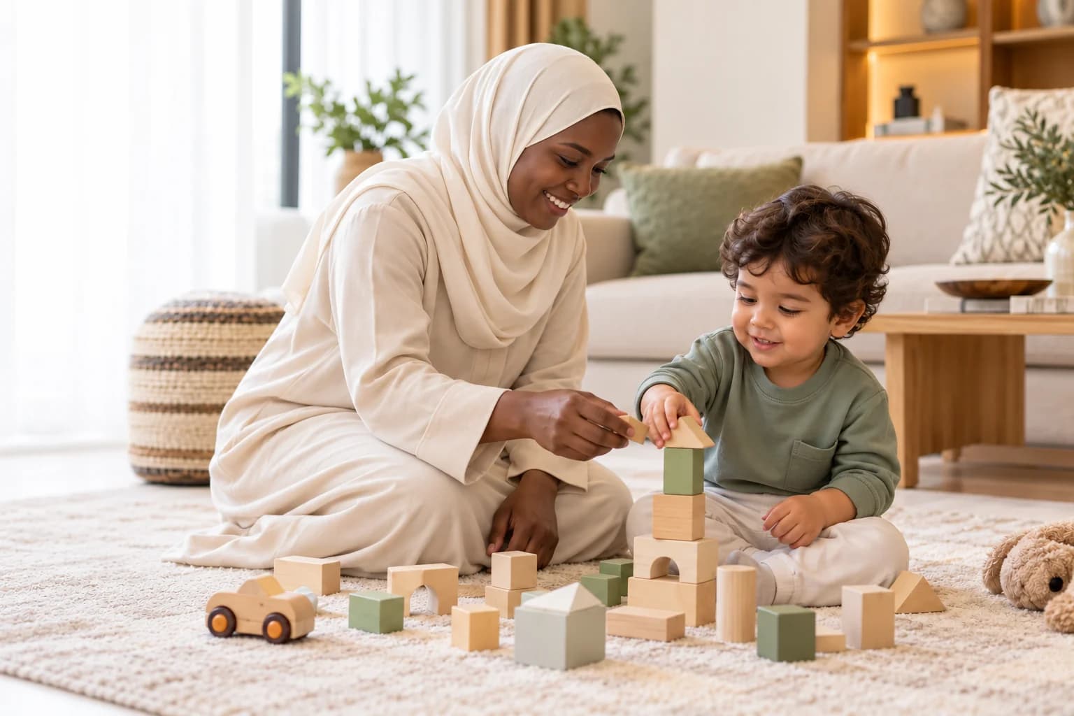 Household helper assisting with childcare