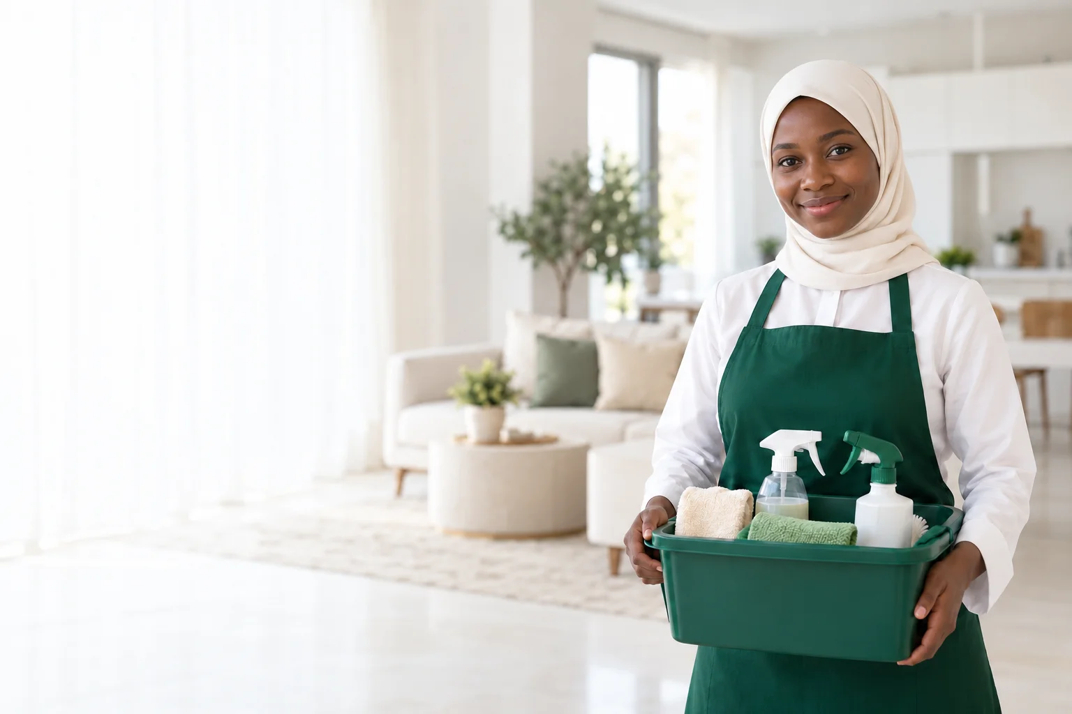 Household helper wearing a headscarf and holding cleaning supplies in a bright home