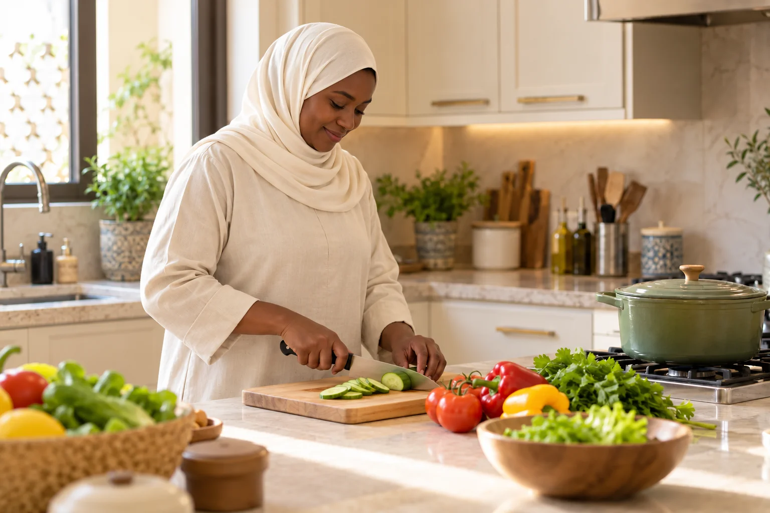 Household helper preparing a meal in the kitchen